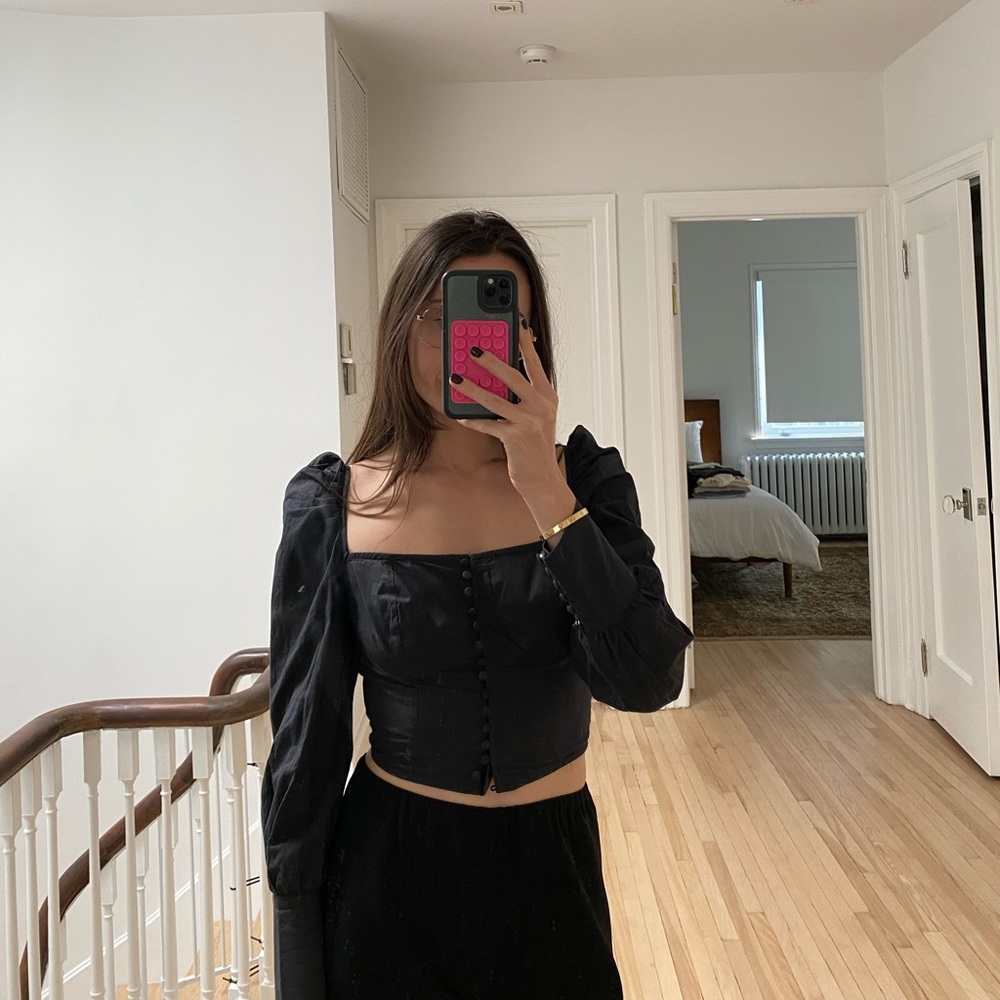 Nasty Gal Black Button-Up Puff Sleeve Blouse